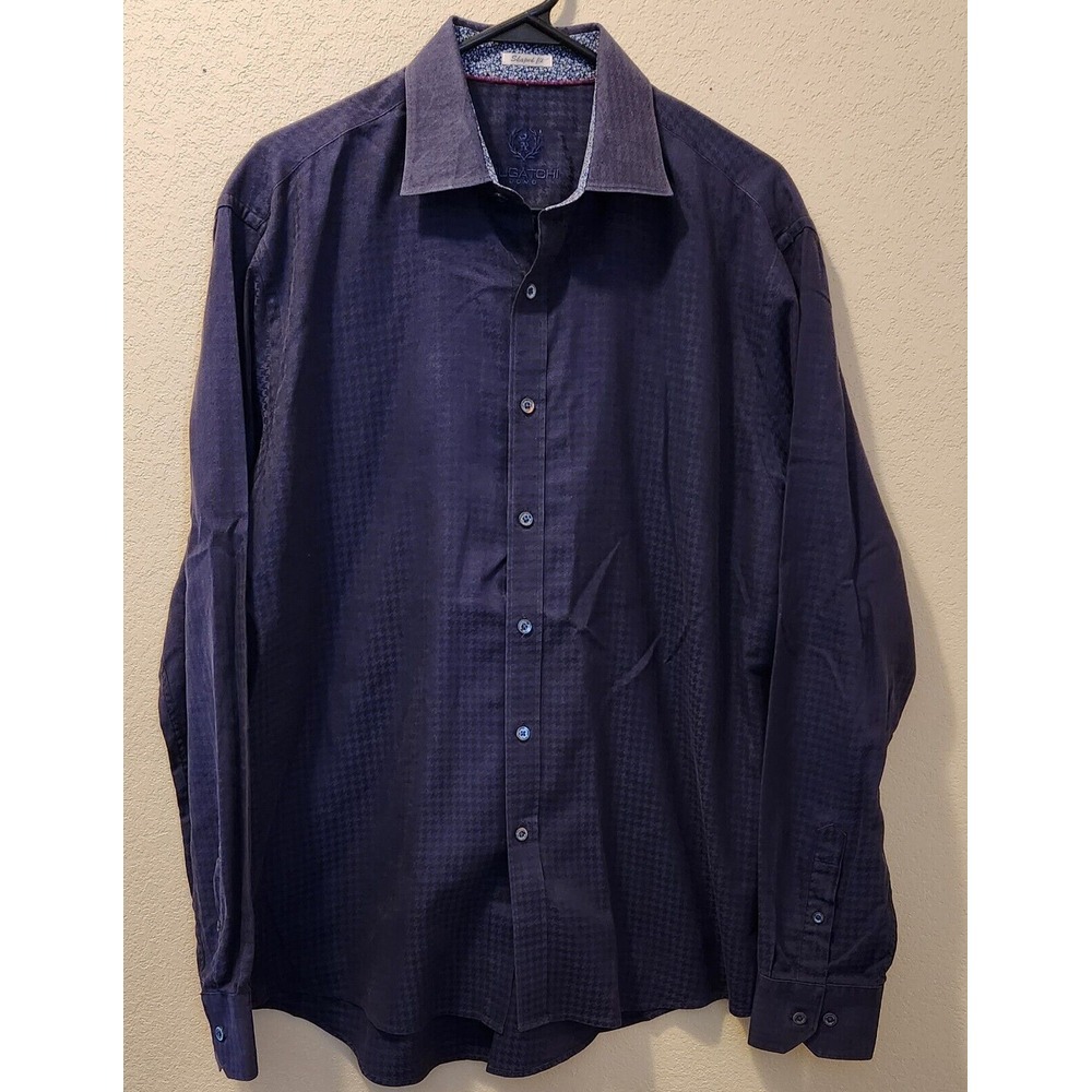 Bugatchi Mens XL Shirt Domo Shaped Fit Blue & Black Check Button-up Long Sleeve